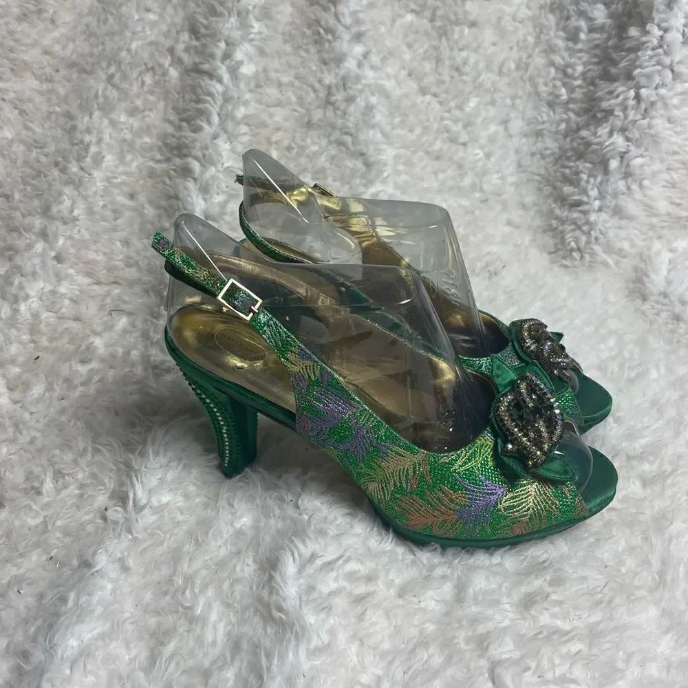 Grand Diamond PU leather& satin green Gold & purple platform  sandals EU…